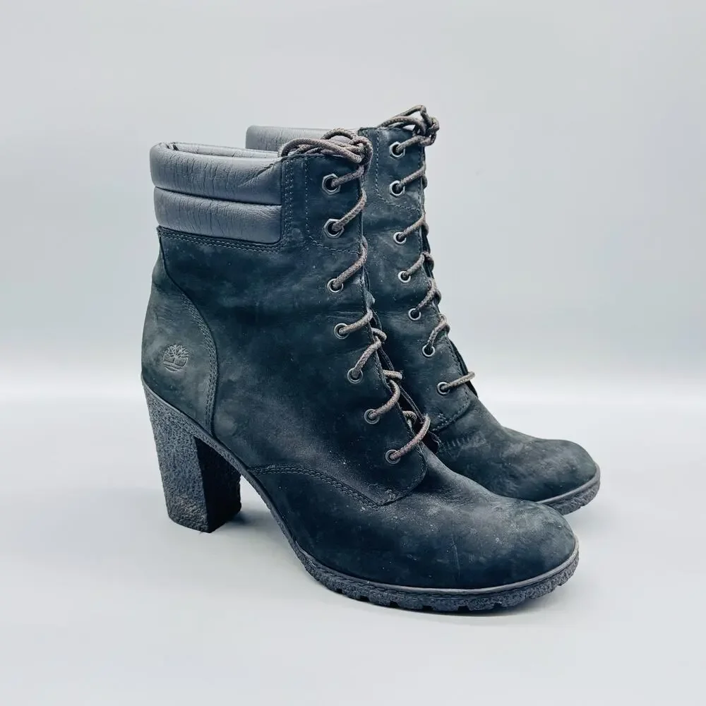 Timberland Boots Womens 9 Black Nubuck Lace Up Heel Ankle Booties Lug Sole